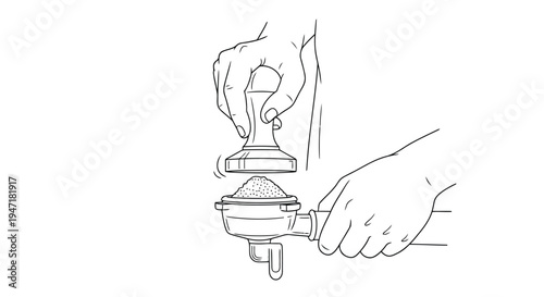 Hands holding manual coffee grinder with one hand on handle and the other on body, line drawing, flat design isolated on white background