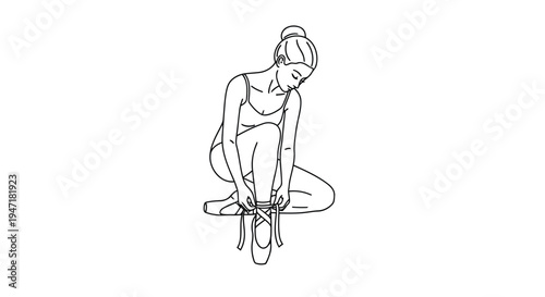 Woman tying ballet shoes sitting on floor in line art style isolated on white background