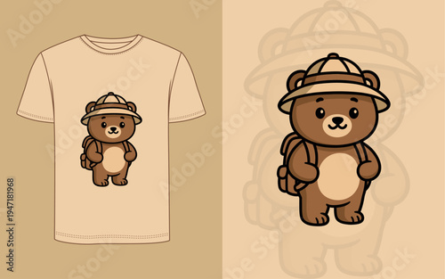 Cute bear wearing a hat and a backpack, perfect for kids or anyone who loves adorable characters. This design would look great on clothing or various items!