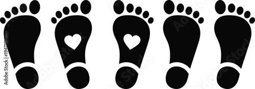 Black vector silhouette set of baby footprints and human feet with heart shapes isolated on white background for family and newborn concepts,