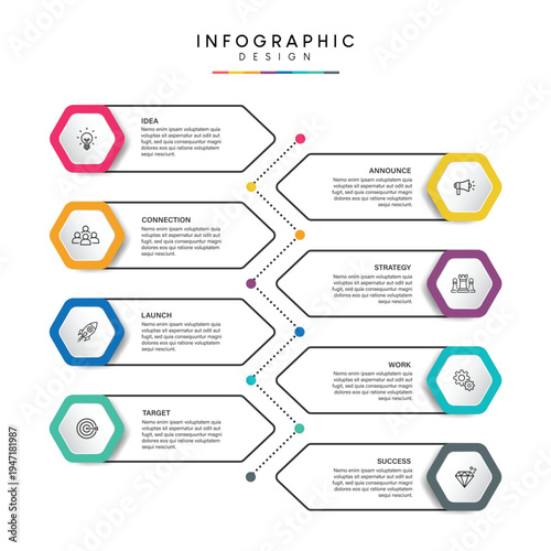 A colorful infographic design template with hexagons and arrows for business strategy and planning
