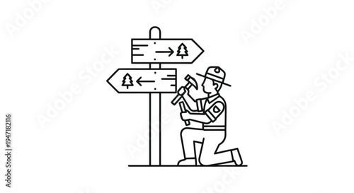 Man installing directional signpost with arrows on flat design isolated on white background