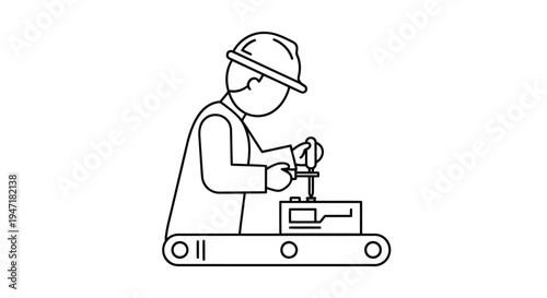 Man wearing hardhat working on machine with drill on construction site with flat design isolated on white background