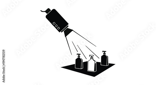 spray bottle spraying liquid onto bottles on tray