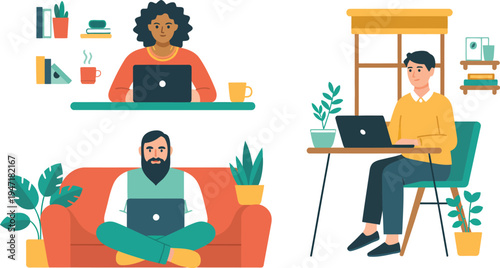 People working remotely on laptops in a modern home office setting indoors