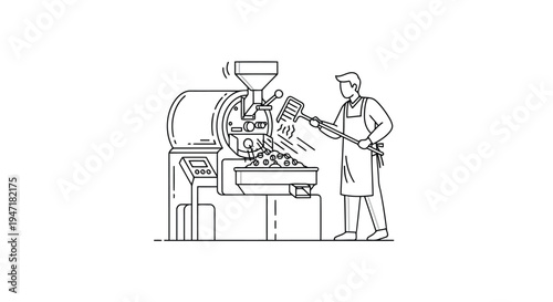 Man in apron scooping coffee beans from industrial roasting machine in flat design isolated on white background