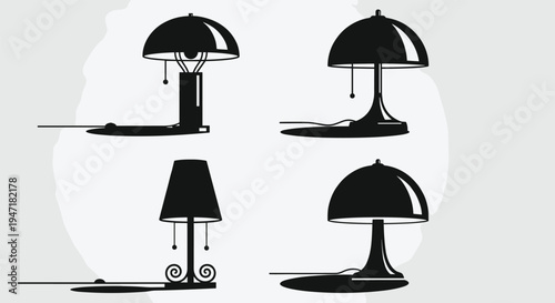 Black vector silhouette set of various modern and classic table lamp designs with pull chain switches isolated on a light gray background,