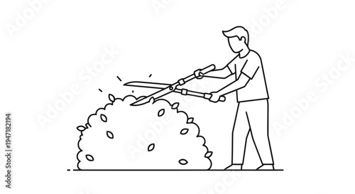 Man cutting branches with pruning shears in a garden, flat illustration isolated on white background