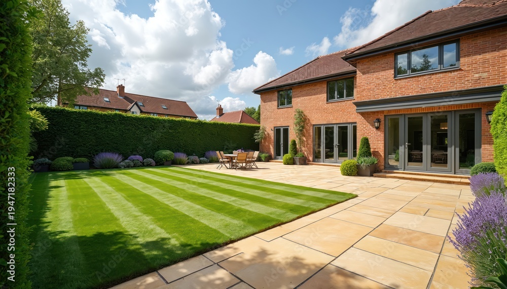 Fototapeta premium Manicured lawn and stone patio area at a modern brick house. Outdoor dining set waits near garden hedges and blooming lavender plants. Lush green backyard space with neat landscaping.