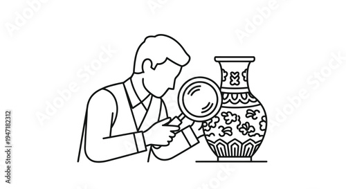 Man examining antique vase with magnifying glass in flat line art style isolated on white background