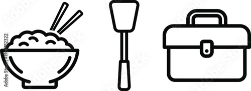 Rice bowl with chopsticks, kitchen spatula, and toolbox outline icons vector art for meal preparation