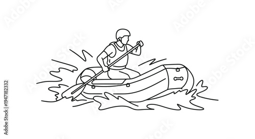 Man paddling inflatable kayak with oar on water in flat design isolated on white background