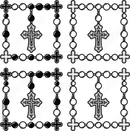 Catholic rosary beads with crucifix, Christian prayer symbol set isolated vector illustration for church devotion, faith worship and religious spirituality