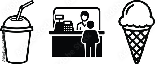 Beverage cup with straw, cashier counter with customer, and ice cream cone outline icons vector art