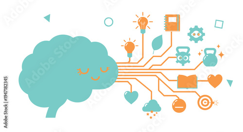 Set of 20 flat business icons vector, brain with circuit board elements