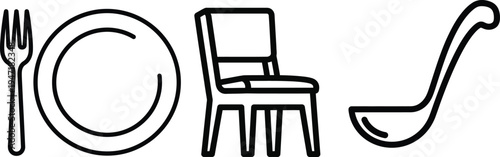 Fork, plate, chair, and ladle outline icons vector art for dining and kitchen setting