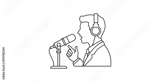 Man wearing headphones speaking into microphone in minimalist flat vector style isolated on white background