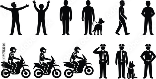 Black silhouette illustrations of human figures and police officers with motorcycles, dogs, and saluting poses, ideal for signage, law enforcement, or educational design themes.