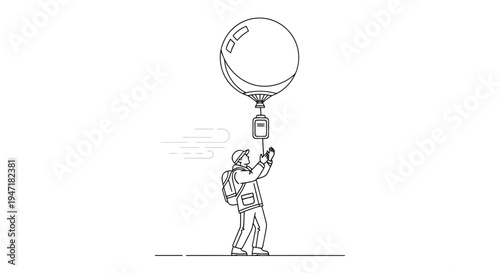 Man in spacesuit holding communication device while attached to large space balloon on , simple line art isolated on white background