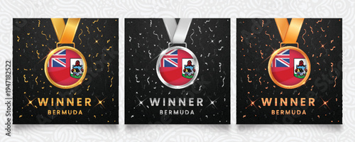 Set of three shiny winner medals (gold, silver, bronze) featuring the flag of Bermuda. Vector awards with glitter and confetti for achievement, excellence, and national competition