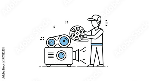 Man loading film reel into old movie projector flat design isolated on white background