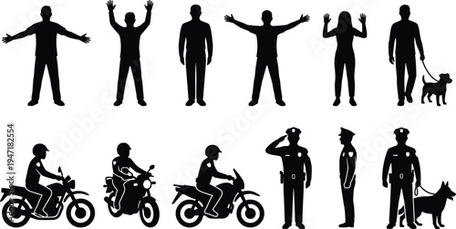 Black silhouette illustrations of human figures and police officers with motorcycles, dogs, and saluting poses, ideal for signage, law enforcement, or educational design themes.