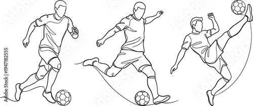 Line drawing illustration of three soccer players in dynamic poses with ball control, kicking, and volley action, ideal for sports, fitness, or educational themes.