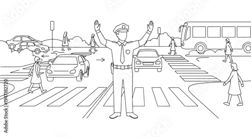 Traffic policeman directing cars and pedestrians at crosswalk on city street in flat line art style isolated on white background