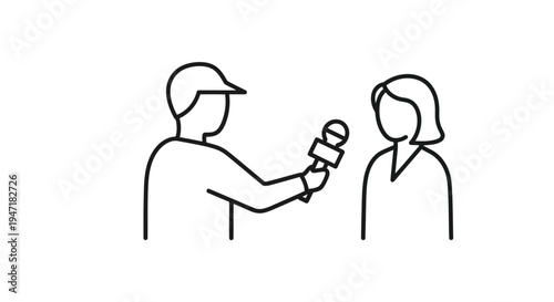 Man interviewing woman with microphone in minimalist flat design isolated on white background