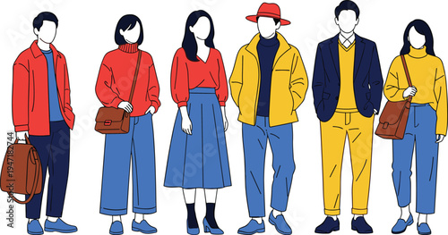 A stylized artistic composition featuring three abstract human figures in a vibrant collage style Vector