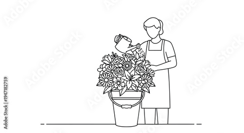 Person watering flowers in a pot with a watering can, simple line drawing isolated on white background