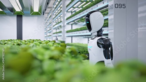 Wallpaper Mural Advanced AI-powered humanoid robot inspecting a plant in a fully automated greenhouse. Smart farming and AI robotics concept. Future sustainable agriculture technology. 3d animation rendering Torontodigital.ca