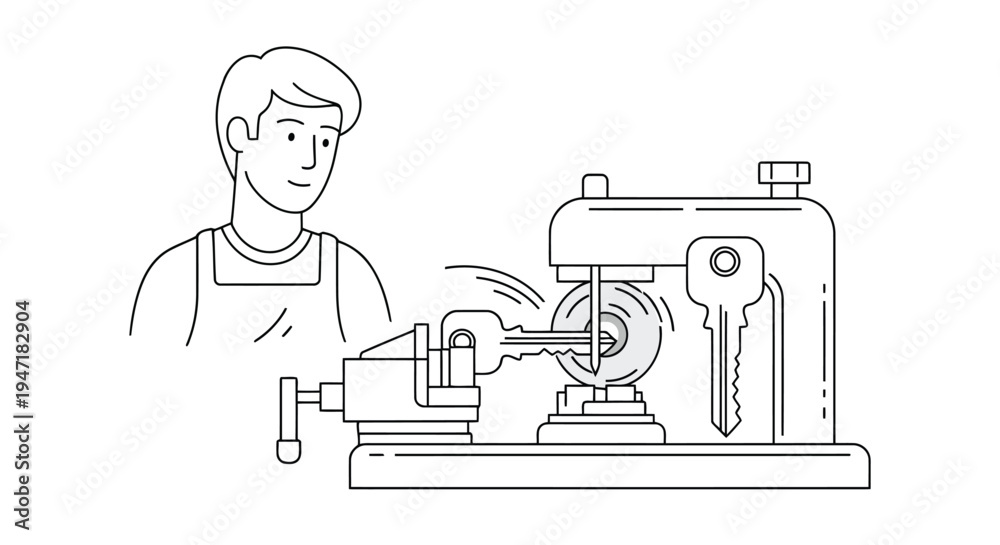 Fototapeta premium Man working with key on metalworking lathe machine in flat design isolated on white background