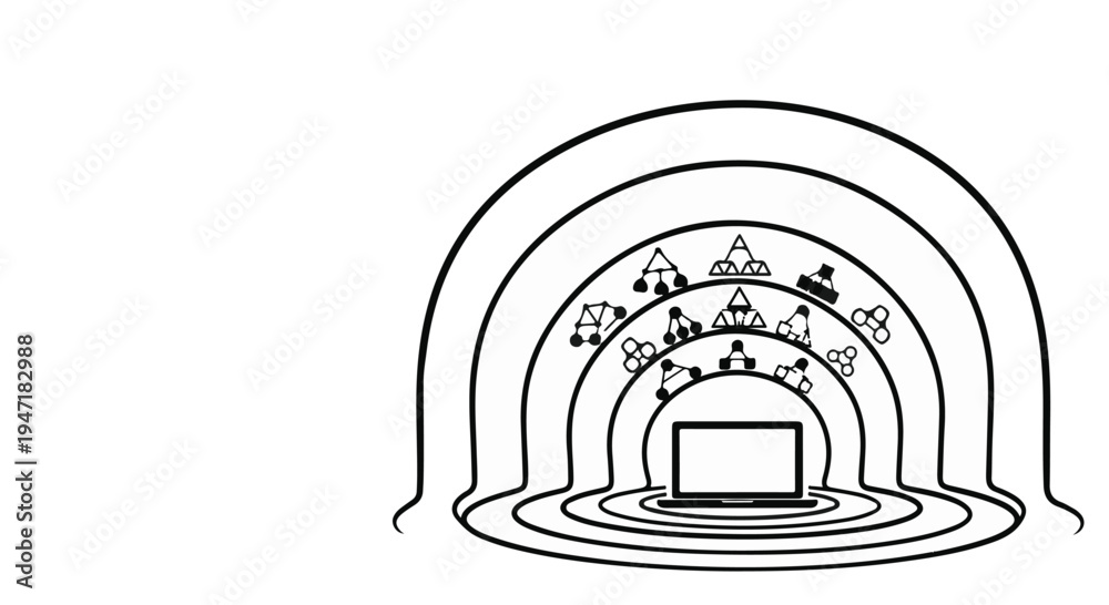 Obraz premium Black and white illustration of a TV surrounded by concentric circles and arches with decorative elements