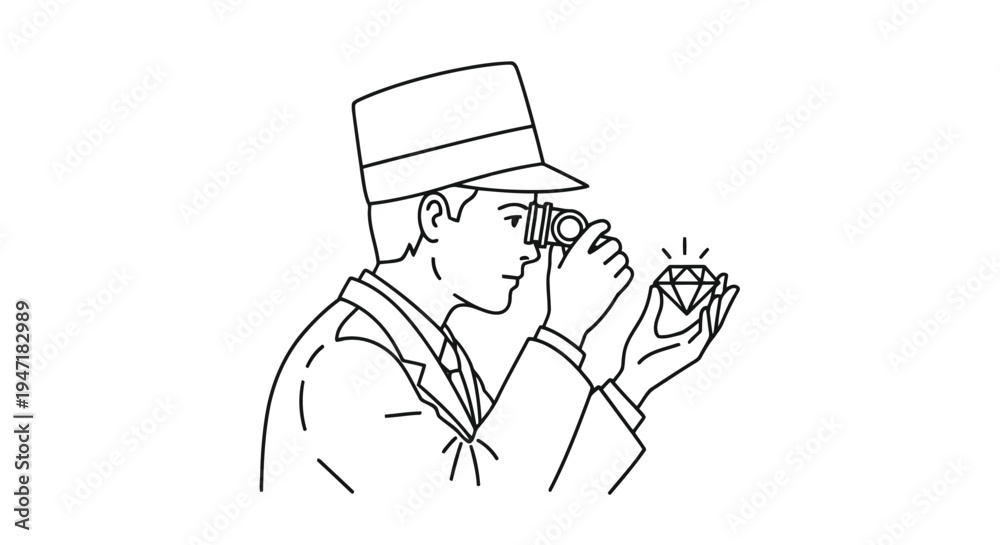 Obraz premium Man in hat examining diamond with magnifying glass in modern flat design isolated on white background