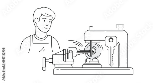 Man working with key on metalworking lathe machine in flat design isolated on white background