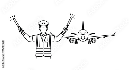 Airplane ground crew member guiding plane with illuminated wands on runway in flat vector style isolated on white background