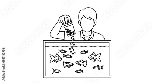 Man feeding fish in aquarium with food, simple line drawing style isolated on white background