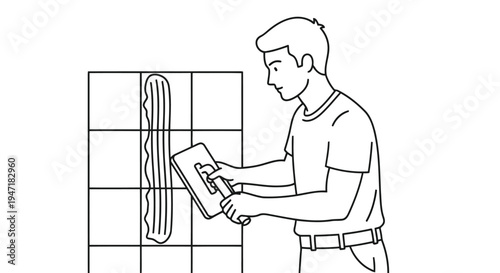 Man applying plaster to wall with trowel tool in modern flat design isolated on white background