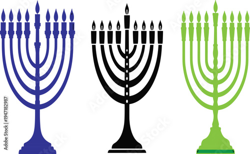 Colorful Hanukkah menorah candle symbols set, Jewish holiday candelabra icons isolated vector illustration for Hanukkah celebration religion tradition and festival