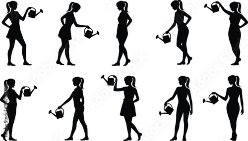 Silhouette woman holding watering can in multiple poses, gardening activity illustration, female figure watering plants, lifestyle design concept for agriculture, horticulture, 