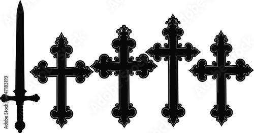 Ornate Christian cross symbols collection, gothic religious faith icons with sword silhouette isolated vector illustration for church spirituality worship design