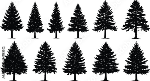 A black and white optical illusion featuring three stylized pine trees against a vertical stripe Vector