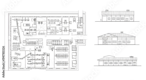 Fish Processing Plant Blueprint Vector – Seafood Factory Layout Multi View Technical Line Drawing Isolated on White