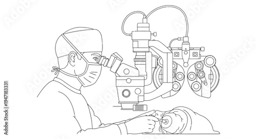 Surgeon performing eye surgery with microscope, medical professional in operating room, flat line art style isolated on white background