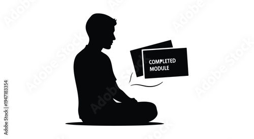 man sitting with completed online course module on screen