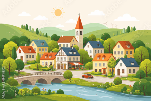 Flat vector illustration of a scenic European village landscape featuring colorful houses, a church, a stone bridge over a blue river, rolling green hills, trees, and a bright sun in a clear sky.