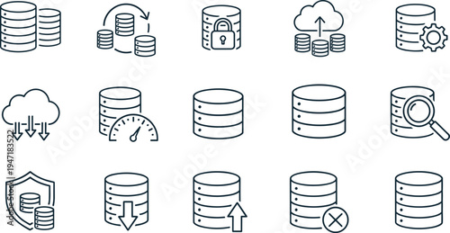 Database and cloud computing icons set, data storage vector illustration, secure server symbol design, technology infrastructure icon, IT management isolated graphic art