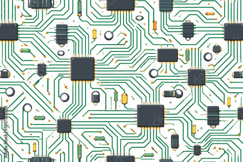 Seamless Pattern of a Motherboard Circuit Board with Microchips and Electronic Components. Flat Vector Illustration of Computer Hardware Technology on White Background for Digital Design.