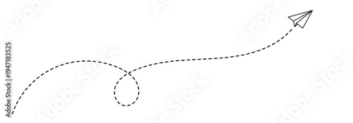  Paper aeroplane icon with flight path. Doodle vector illustration of a flying origami plane. Concept of sending messages,  travel, freedom, and startup vector illustration on a white background.